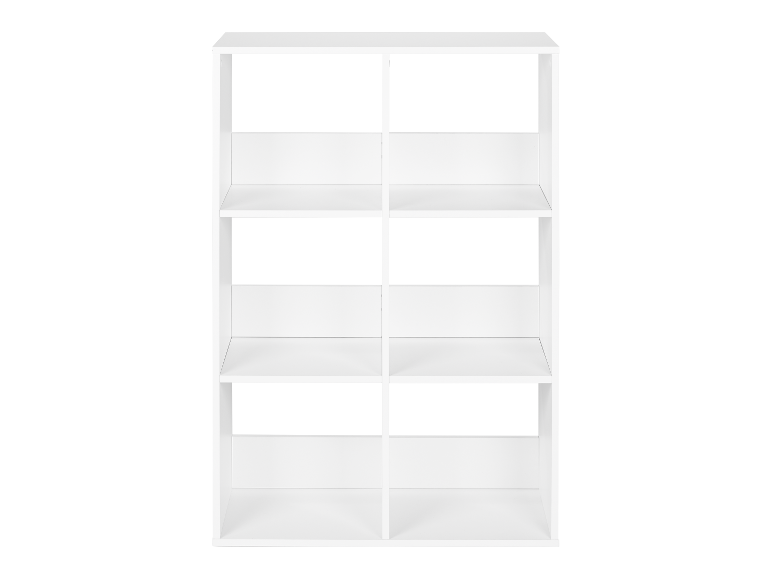 Étagère blanche à six cubes.