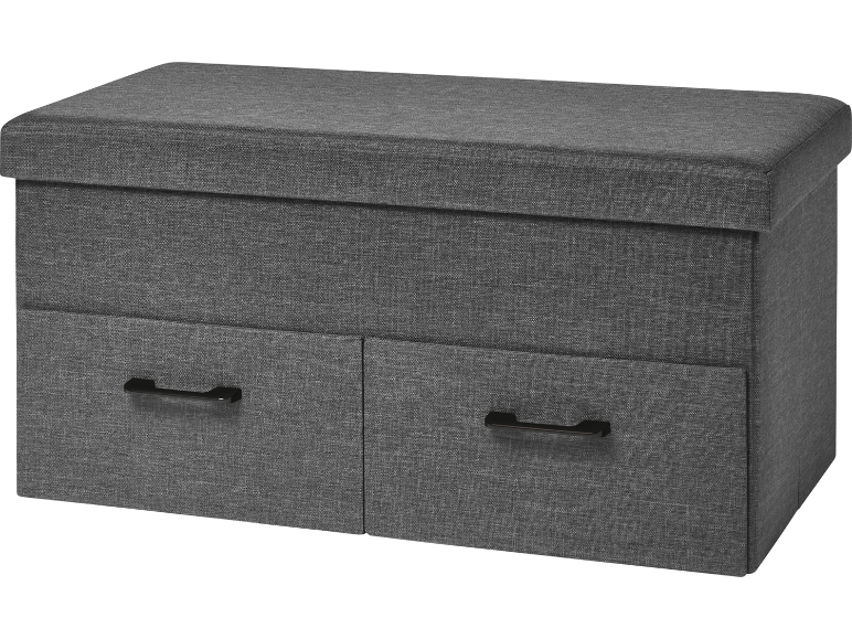 Banc de rangement gris avec deux tiroirs et un couvercle rembourré.
