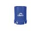 Conteneur bleu pour accessoires de sport avec logo blanc sur fond blanc.