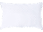 Oreiller blanc avec motif à carreaux subtil et bordure bleu foncé.