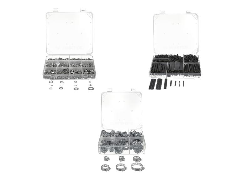 Trois boîtes transparentes contenant des rondelles, des gaines thermorétractables et des colliers de serrage.