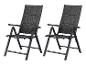 Deux chaises de jardin pliantes gris foncé avec accoudoirs.