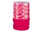 Cache-cou et bonnet en tricot rose avec un motif tie-dye.