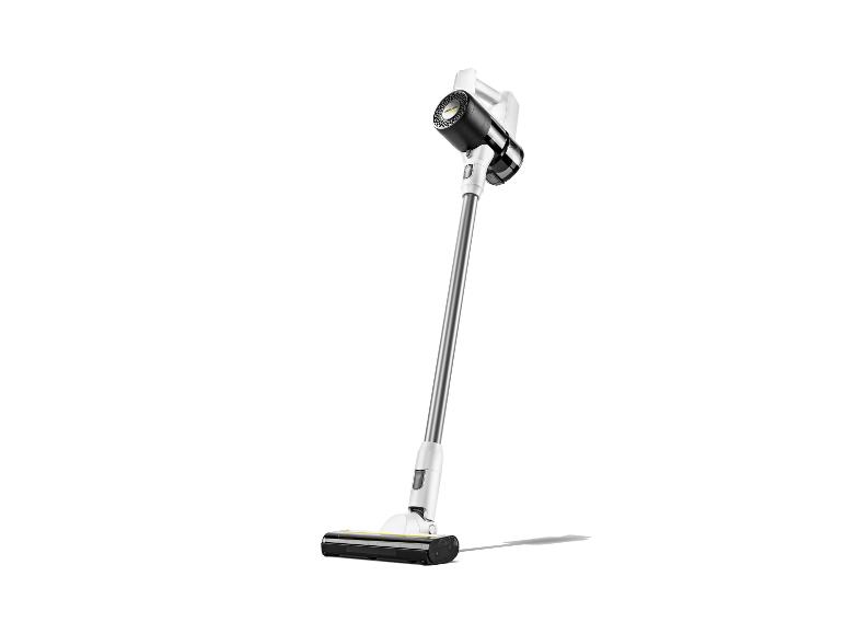 Aspirateur balai sans fil blanc et noir avec une perche d'extension argentée.