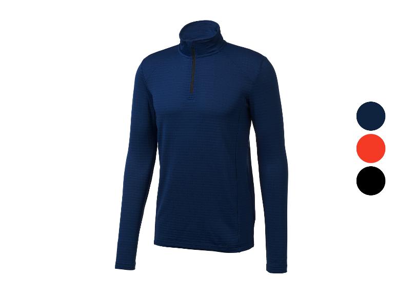 Maillot de sport bleu avec un court zip et des options de couleur affichées.