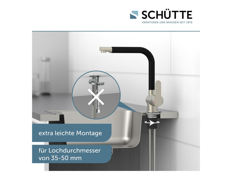 Un robinet noir Schütte avec des instructions de montage pour un évier.
