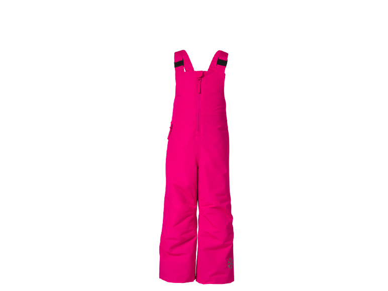 Salopette de ski rose pour enfant avec bretelles réglables et logo flocon de neige.