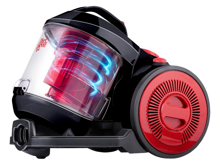 Un aspirateur traîneau Dirt Devil noir et rouge avec des effets de lumière bleue.