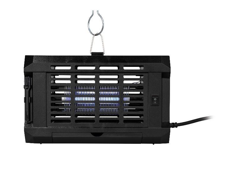 Destructeur d'insectes électrique noir avec lumière UV bleue, crochet et cordon d'alimentation.
