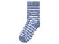 Une paire de chaussettes bleues à rayures blanches.