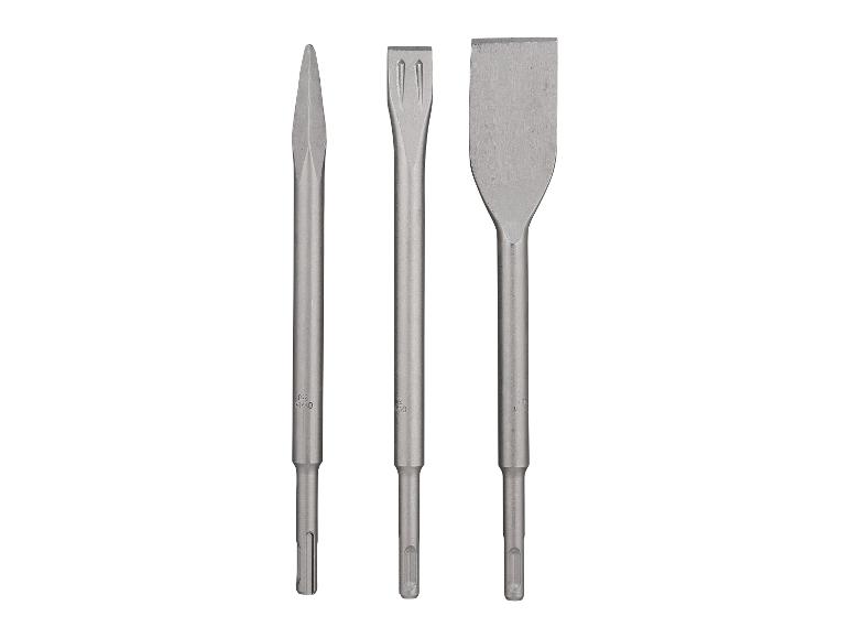 Trois burins de marteau SDS-plus en métal pour la démolition et le burinage.