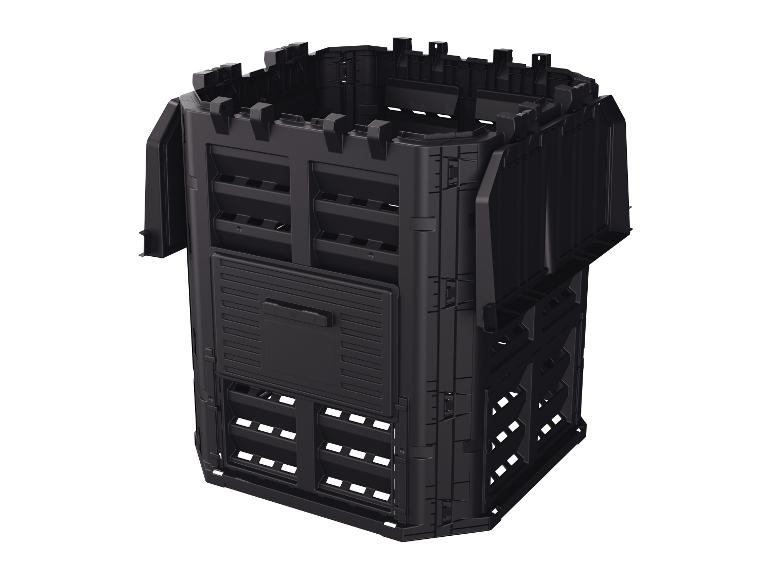 Composteur de jardin en plastique noir.