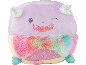 Peluche monstre violette avec un ventre doux aux couleurs de l'arc-en-ciel.