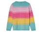 Un pull rayé rose, jaune et turquoise.