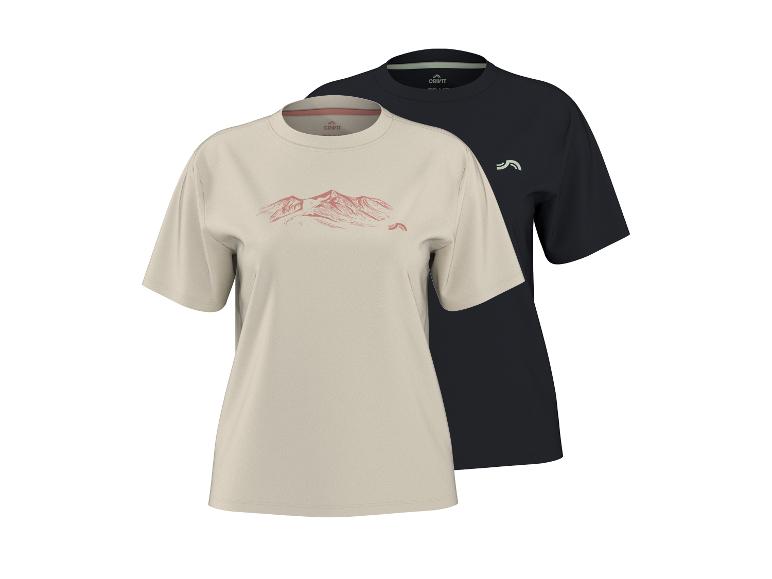 Deux t-shirts à manches courtes, un beige avec un motif de montagnes et un noir uni.