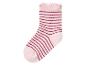Une chaussette rose avec des rayures rouges.