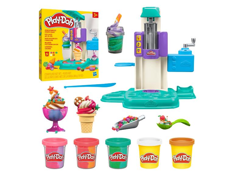 Play-Doh Rainbow Swirl Ice Cream Playset avec machine à crème glacée et 5 pots de pâte à modeler.