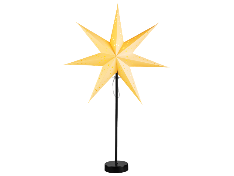 Lampe étoile en papier jaune sur un pied noir