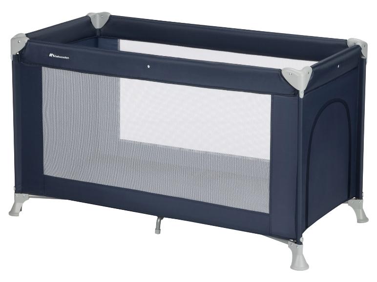 Lit parapluie bleu avec côtés en maille blanche et logo Bebeconfort