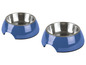 Deux gamelles bleues pour chiens avec un intérieur en acier inoxydable.