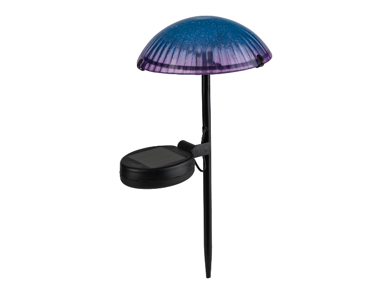 Lampe solaire en forme de champignon, tons violets et bleus.