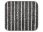 Tapis de bain rectangulaire gris à rayures verticales blanches et coins arrondis.