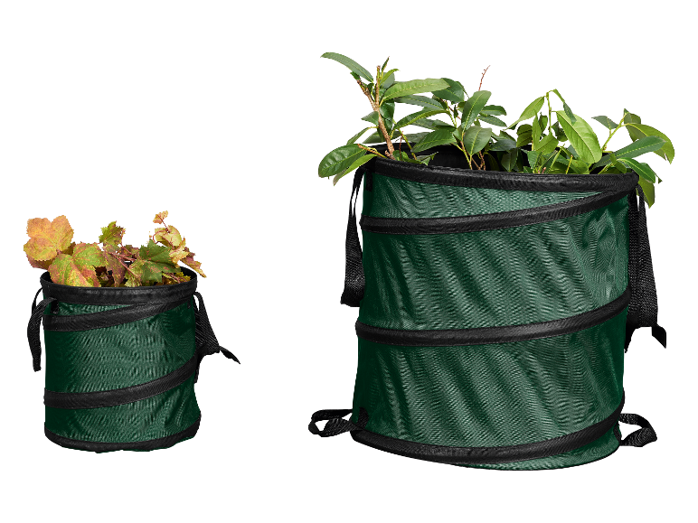 Deux sacs de jardin pliables de tailles différentes remplis de plantes.