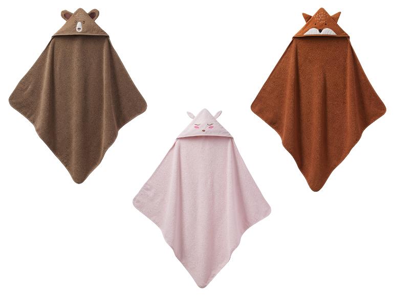 Trois serviettes de bain à capuche pour bébé : ours brun, lapin rose et renard orange.