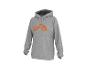 Sweat à capuche gris avec logo orange sur le devant.