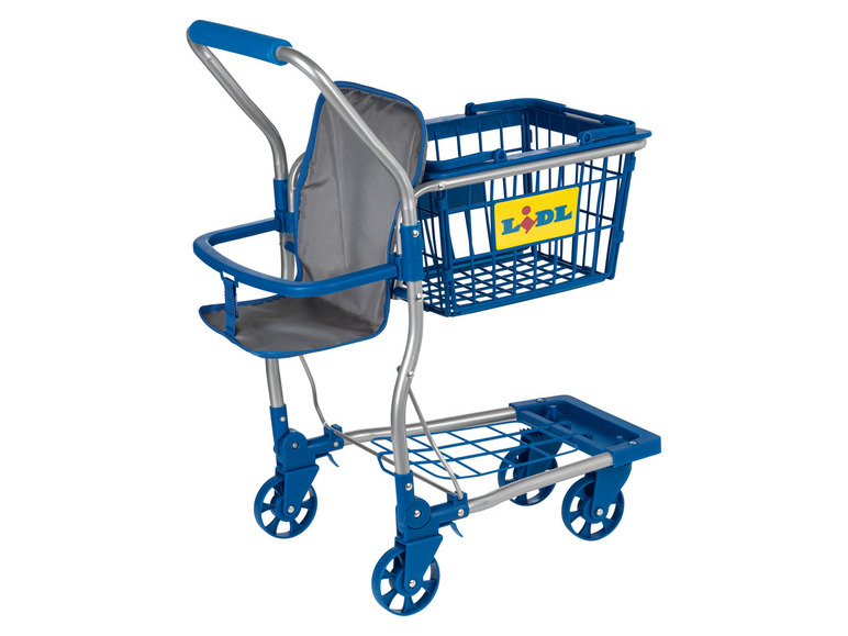 Un chariot de courses Lidl bleu avec un siège pour enfant.