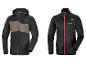 Deux vestes softshell: une avec capuche et empiècement gris, l'autre sans capuche avec zip rouge.