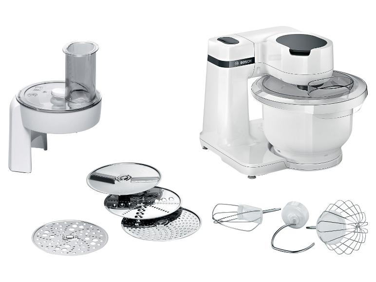 Un robot culinaire Bosch blanc avec un robot de cuisine et des accessoires inclus.