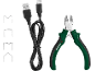 Câble USB, pince coupante diagonale et agrafes métalliques sur fond noir.