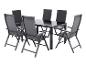Ensemble de mobilier de jardin: table noire et six chaises pliantes en tissu.