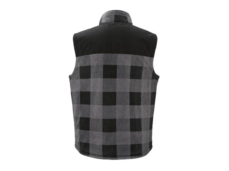 Gilet polaire à carreaux noir et gris pour homme, vue de dos.
