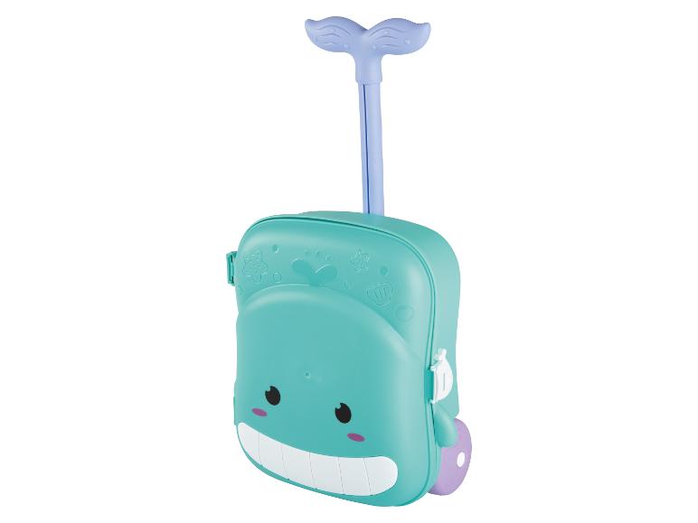 Valise enfant en forme de baleine avec roues et poignée extensible.