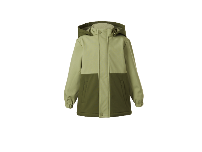 Veste d'extérieur bicolore verte pour enfant avec capuche.