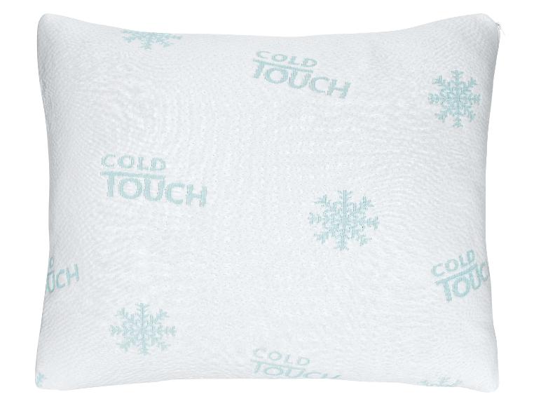 Oreiller blanc avec l'inscription «COLD TOUCH» et des motifs de flocons de neige.