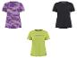 T-shirts de sport pour femmes : un violet à motifs, un noir et un vert lime avec logo.