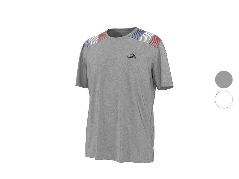 T-shirt de sport gris à manches courtes avec des détails de rayures bleues, blanches et rouges sur les épaules.
