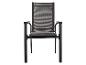 Chaise de jardin avec accoudoirs, structure noire et assise en tissu mesh.