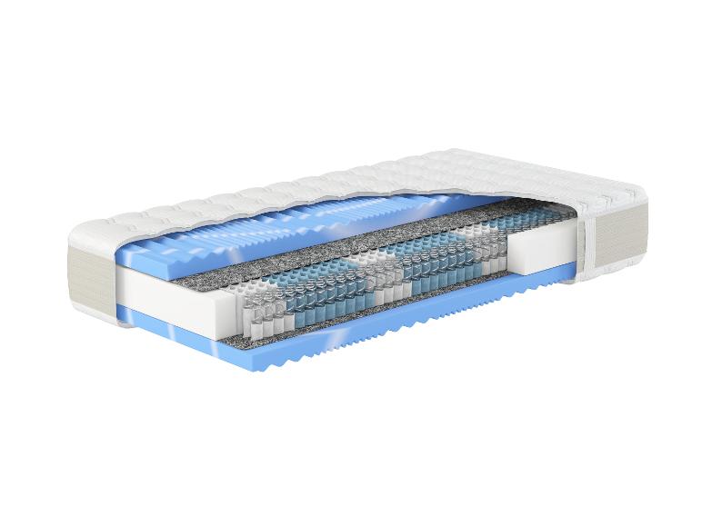 Matelas coupé en coupe transversale, révélant des couches de mousse, de ressorts et de tissu.