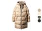 Long manteau matelassé beige avec capuche et fermeture éclair, avec options de couleur.