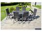 Un ensemble de jardin avec une table en verre et six chaises.
