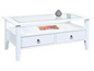 Table basse blanche avec plateau en verre et deux tiroirs.