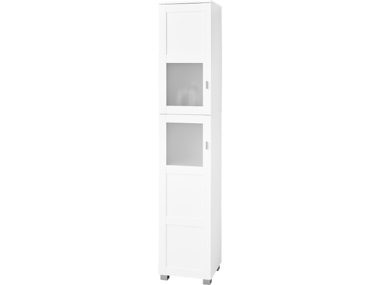 Armoire haute blanche avec portes en verre dépoli et poignées argentées.