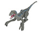 Un jouet dinosaure en plastique gris avec des détails bleus, une gueule ouverte et des griffes pointues.