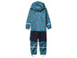 Une combinaison imperméable bleue à capuche pour enfants avec un motif de vélos et de trottinettes.