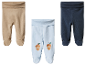 Trois leggings bébé en beige, bleu clair avec motif gland et bleu marine.