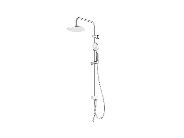 Système de douche chromé avec pommeau fixe et douchette.